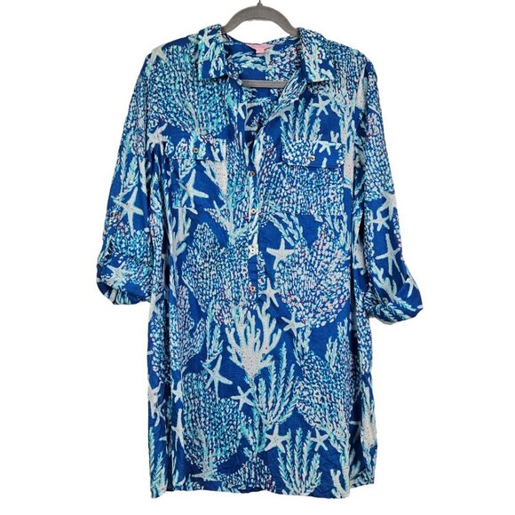 Lilly Pulitzer Captiva Tunic Brewster Blue Good Reef Starfish Tunic Top L 54519 - Picture 3 of 12